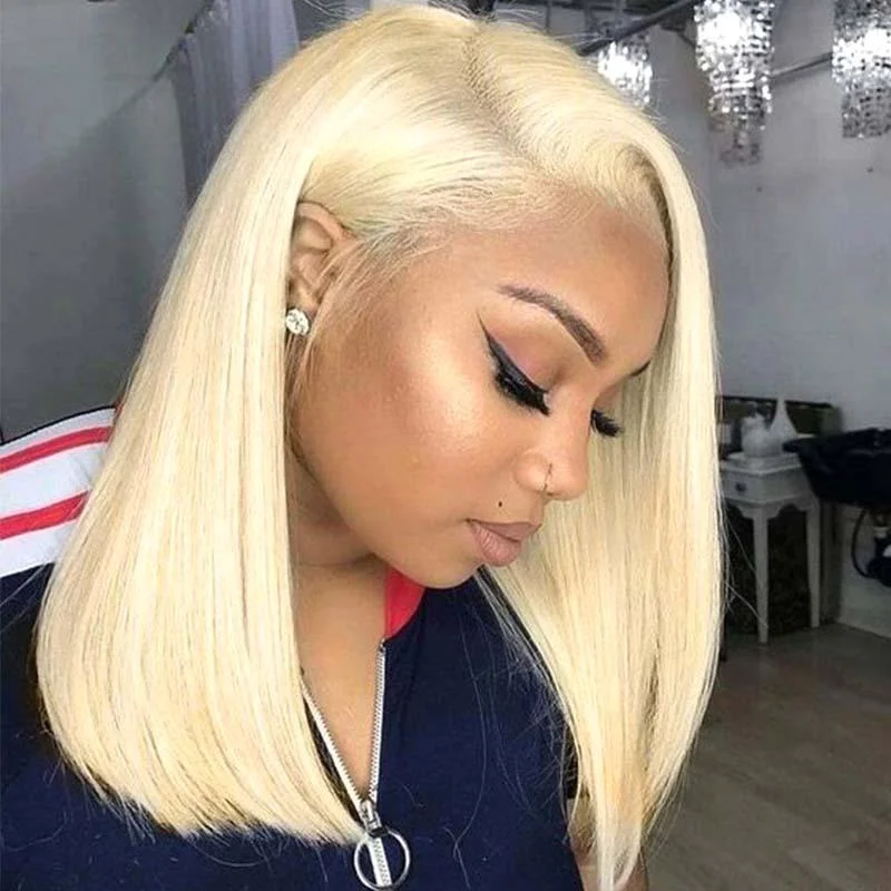 real person hair ring custom order-Blonde BOB Lace Wig Human Hair Side Part Short #613 Lace Frontal Wig