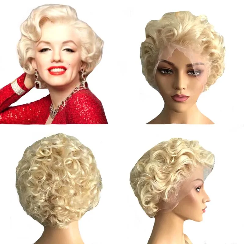 real person hair ring creative-Blonde Curly Pixie Cut Wig 13x4 Lace Human Hair Short Lace Frontal Wig