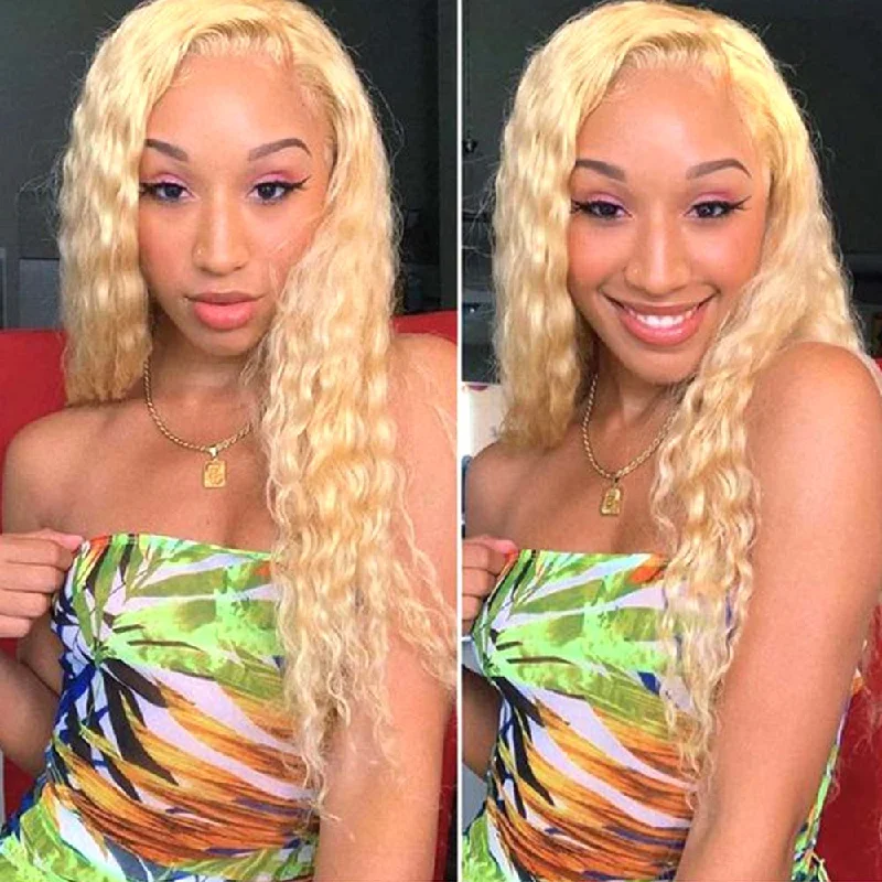 real person hair ring engraved-Blonde Deep Wave 4x4 Lace Closure Wig Human Hair #613  Surprisehair