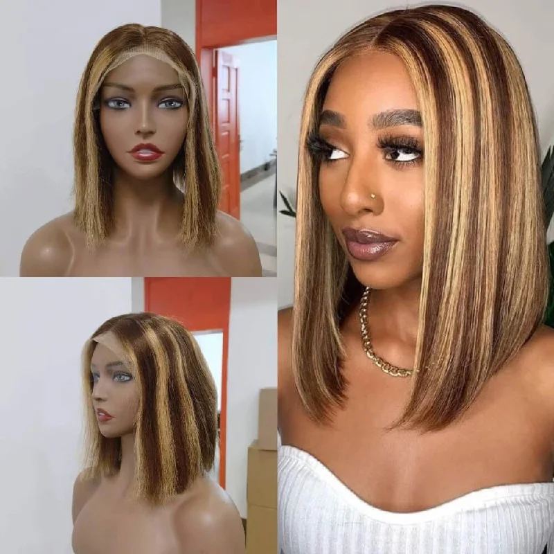 real person hair ring review-Blonde Highlight Brown Color Bob Wig Human Hair for African American