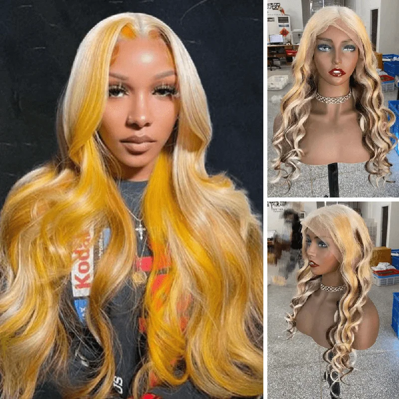 real person hair ring local craft-Blonde Loose Wave Wig with Brown Highlight Human Hair Lace Frontal for African American