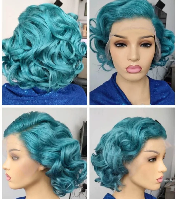 real person hair ring advice-Blue Color Pixie Cut Lace Wig Loose Wave Human Hair for African American