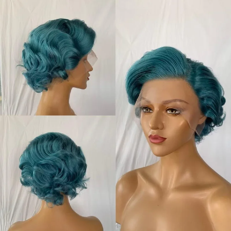 real person hair ring thin-Blue Color Short Pixie Cut Lace Wig Wave Human Hair for African American