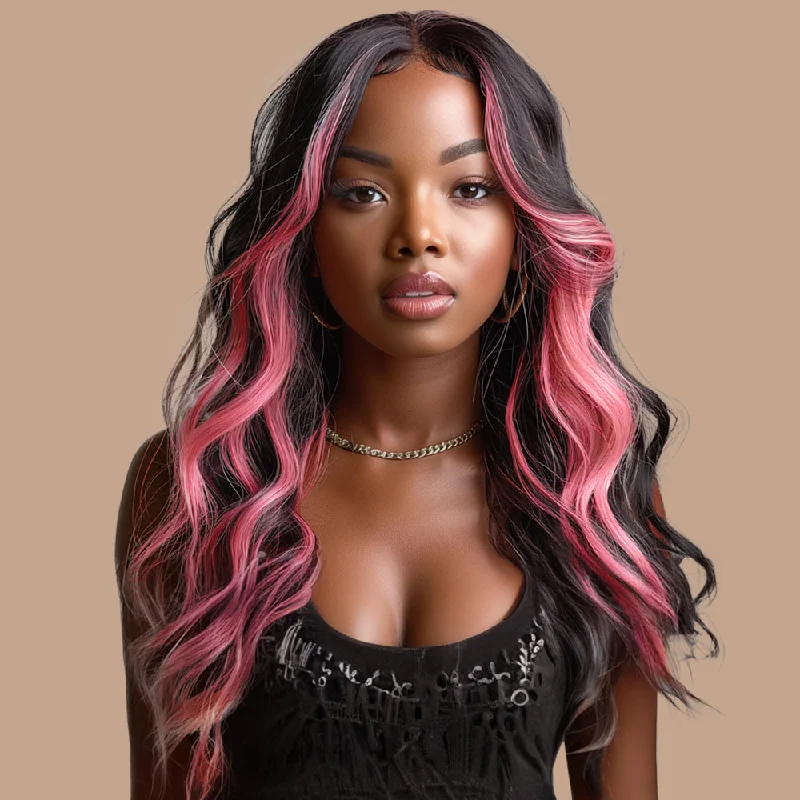 real person hair ring celebration-Body Wave Pink Highlight Full Frontal Wig 13*6 100% Human Hair