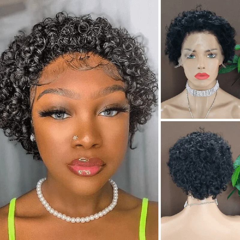 real person hair ring celebration-Brazilian Curly Pixie Cut Wig Human Hair Lace Frontal for African American