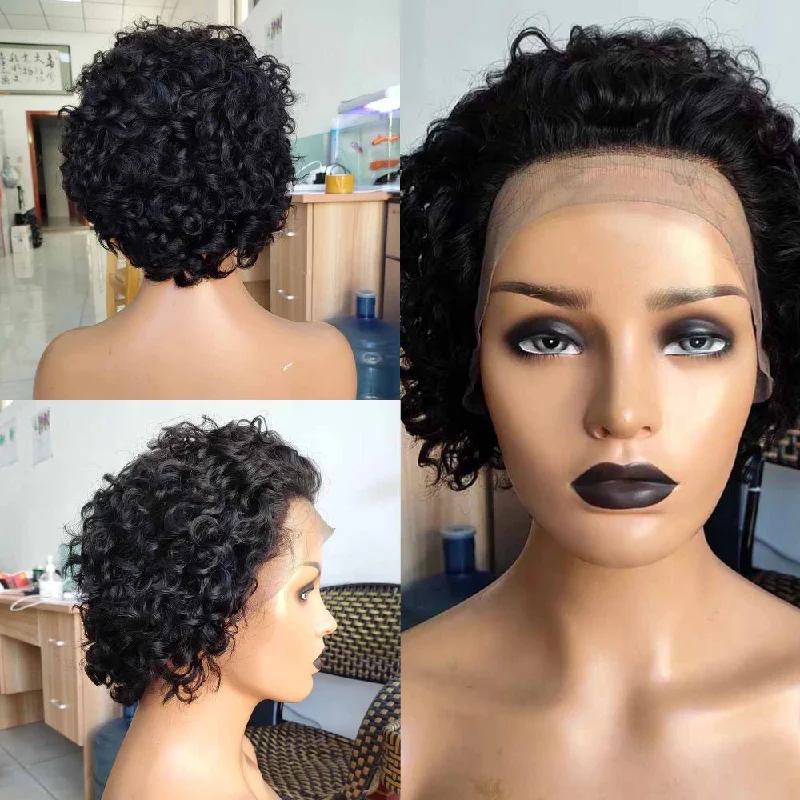 real person hair ring handmade-Brazilian Curly Pixie Cut Wig Human Hair Lace Frontal Wig for African American