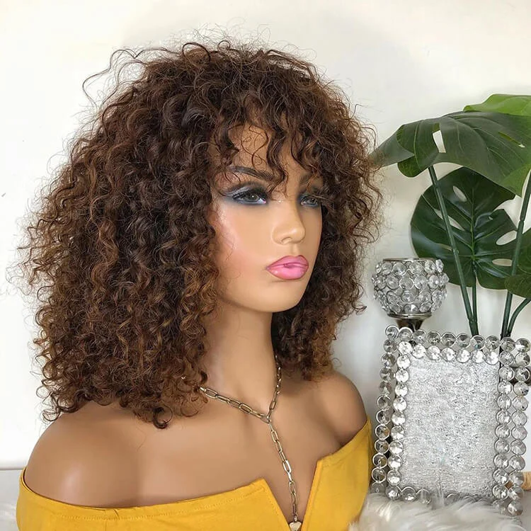 real person hair ring store-Brazilian Human Hair Wig with Bangs Brown Highlight Jerry Curly Glueless Hair 180% Density For Black Women