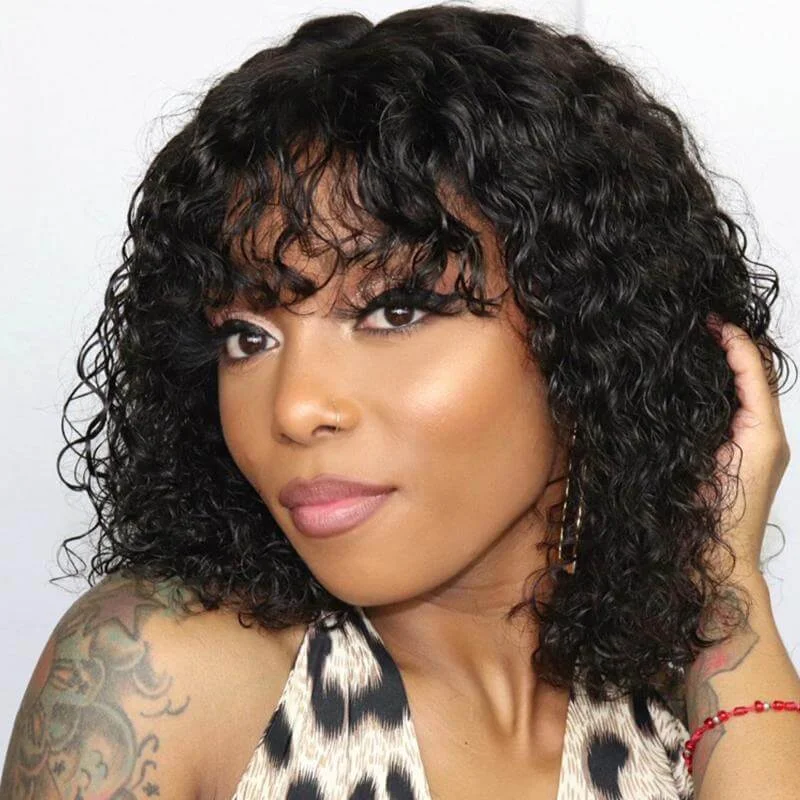 real person hair ring international-Brazilian Human Hair Wig With Bangs Jerry Curly Glueless Hair 180% Density For Black Women