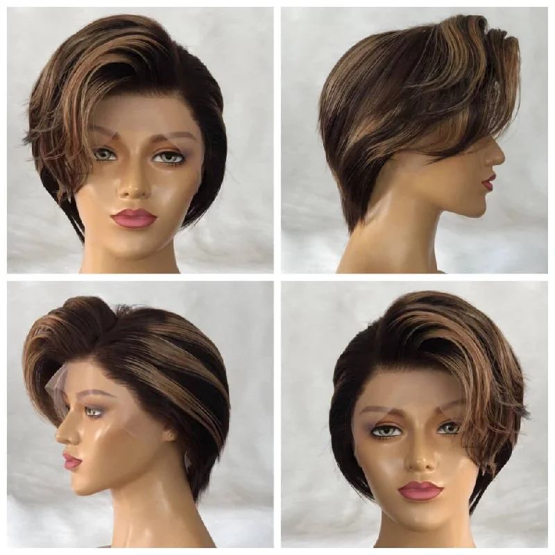 real person hair ring points-Brown Color Pixie Cut Straight Wig with Highlight Color Human Hair