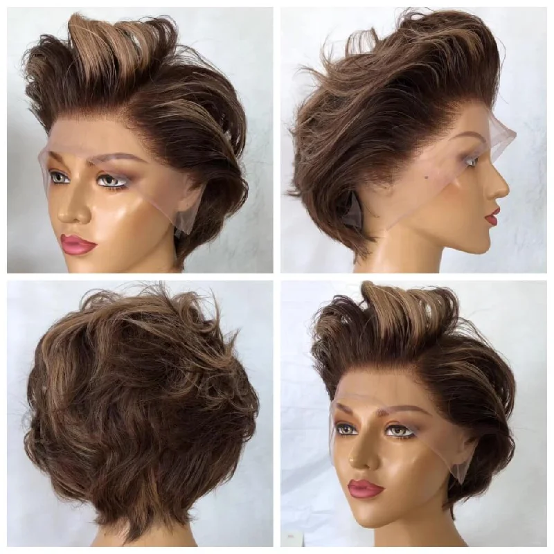 real person hair ring box-Brown Color Pixie Cut Wig with Highlight Color Human Hair Lace Frontal