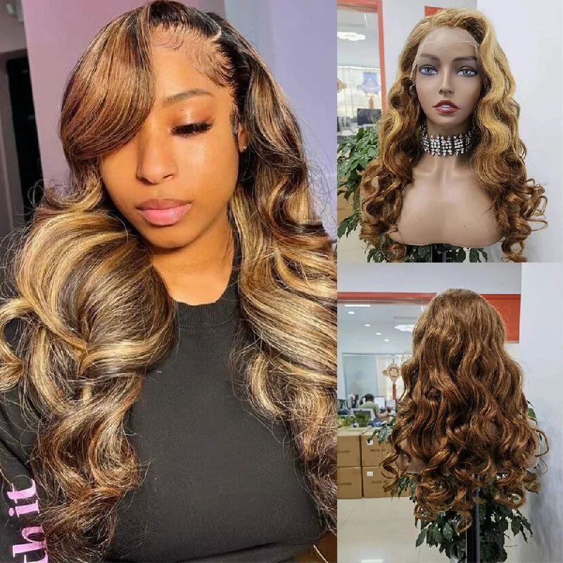 real person hair ring quality-Brown Highlight Loose Wave Lace Wig 13x4 Human Hair Long Wigs for Black Women