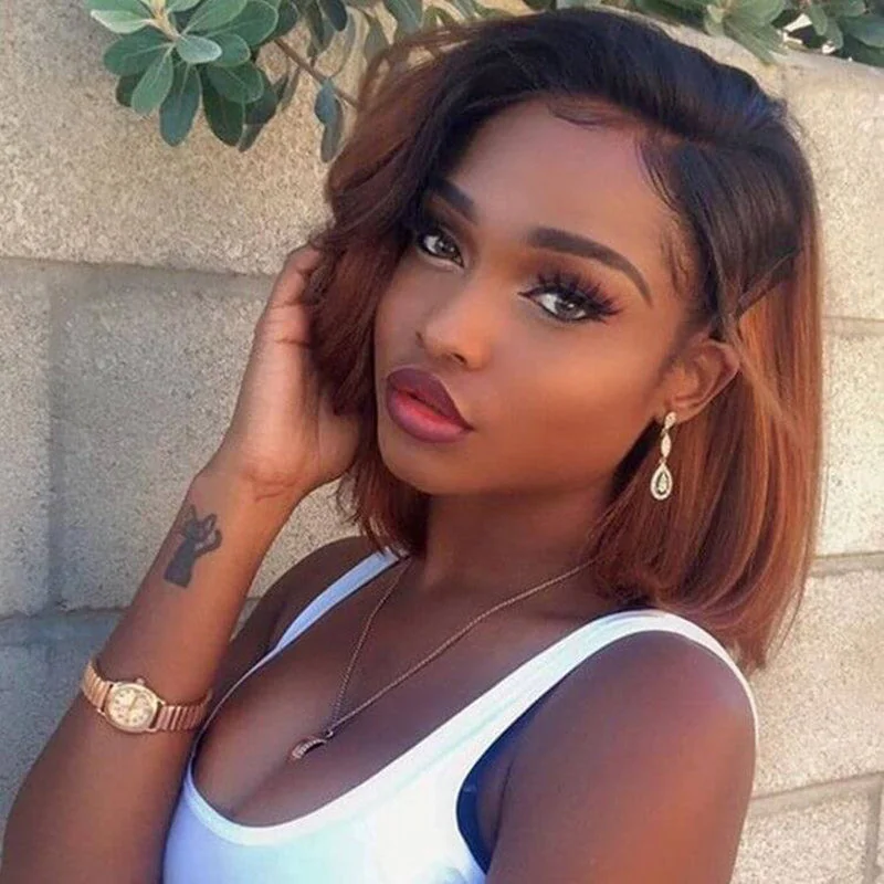 real person hair ring online store-Brown Ombre Pixie Cut Lace Wig Human Hair 13x6 Lace Front Short Wig