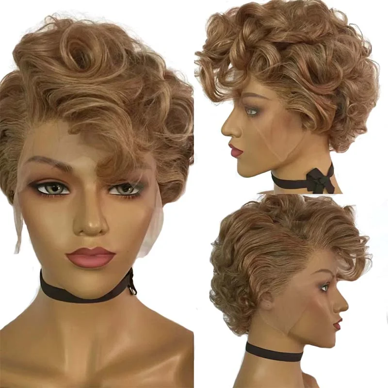 real person hair ring overnight-Short Brown Pixie Cut Curly Lace Wig Brazilian Human Hair Surprisehair