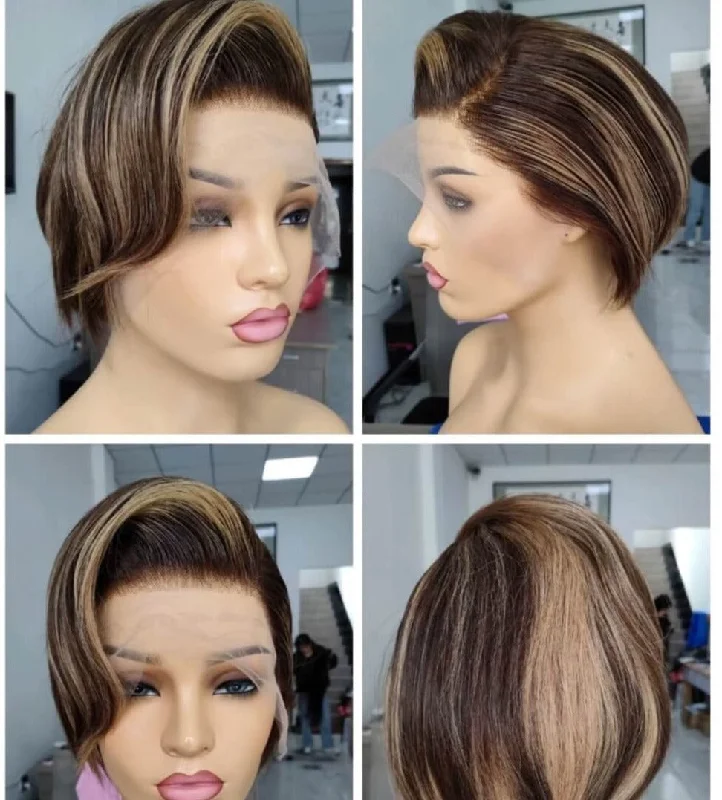 real person hair ring high demand-Brown Pixie Cut Lace Wig with Highlight Color Human Hair for African American