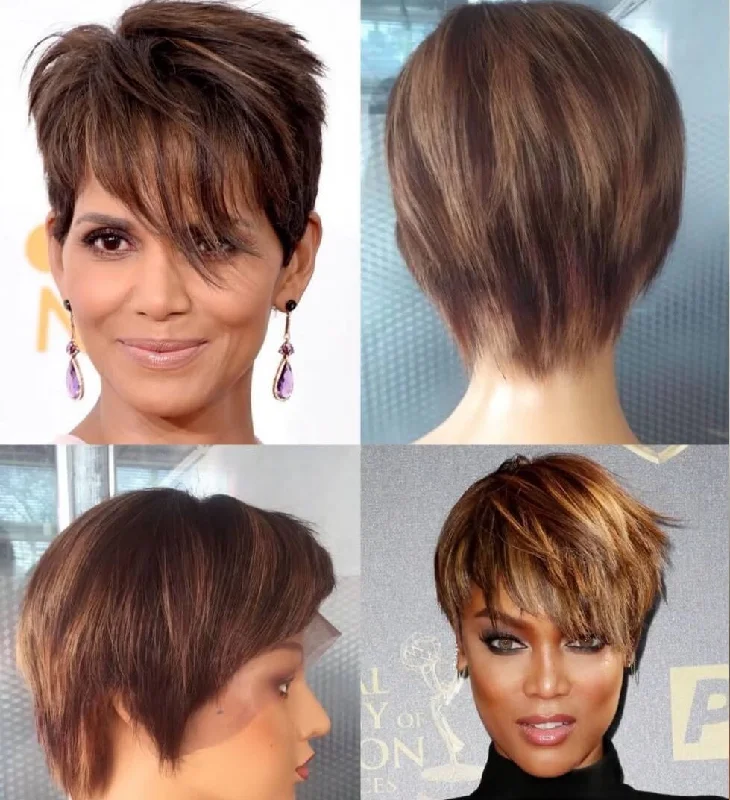 real person hair ring membership-Brown Pixie Cut Wig with Highlight Color Human Hair for African American