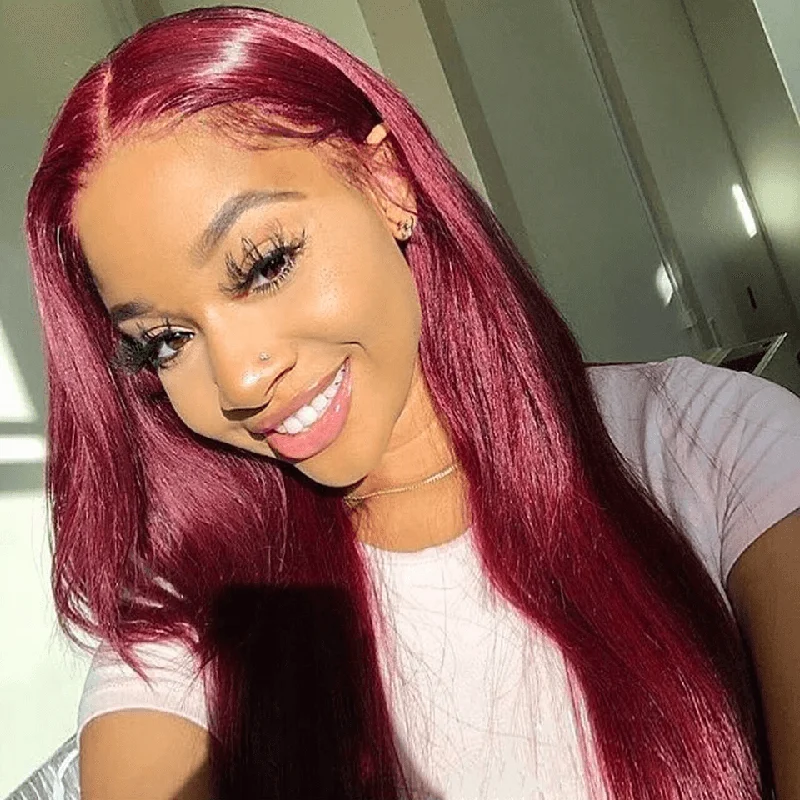 real person hair ring launch-Burgundy Colored Hair 180% Density Lace Front Wig Straight Colored Human Hair Wigs