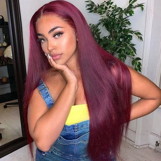 real person hair ring influencer-Burgundy Straight Human Hair Lace Front Wig Long Hair for African American