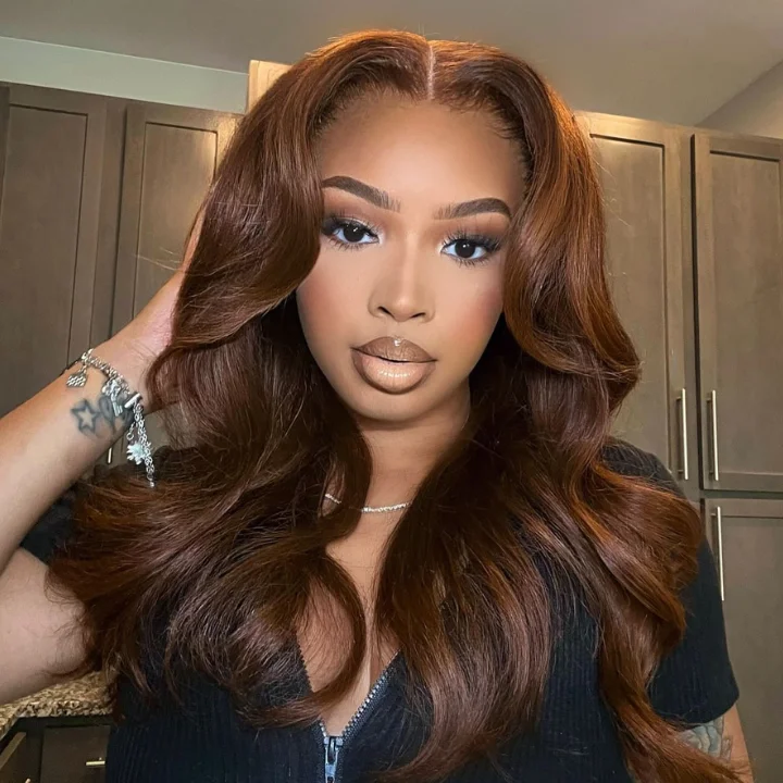 real person hair ring date-Chestnut Brown Loose Wave Human Hair Wigs with Curtain Bangs Glueless Lace Front Colored Wig For Black Women-Amanda Hair