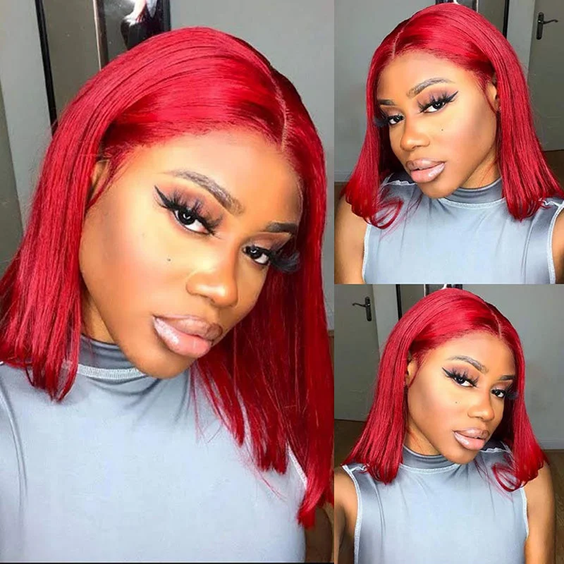 real person hair ring birthday-Colored Red Straight Hair Lace Front Bob Wig Human Hair Wigs Pre Plucked Brazilian Remy Hair Lace Frontal Wig-Amanda Hair