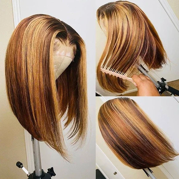 real person hair ring trendy-Ombre Color Straight Human Hair Honey Blonde Bob Highlight Wig 150% Density-Amanda Hair