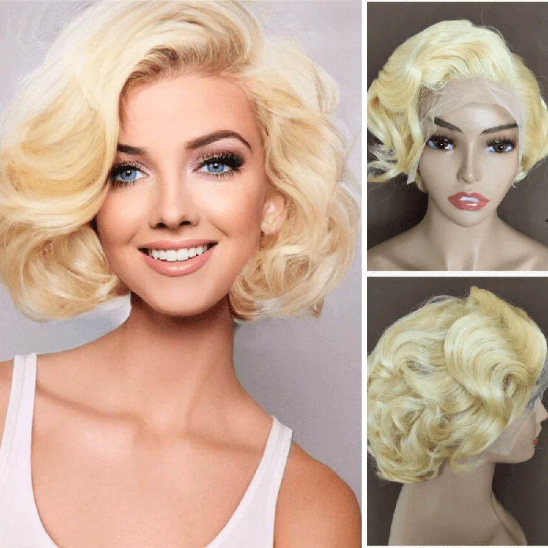 real person hair ring modern twist-Curly Blonde Pixie Cut Lace Wig with Side Part Bangs Human Hair