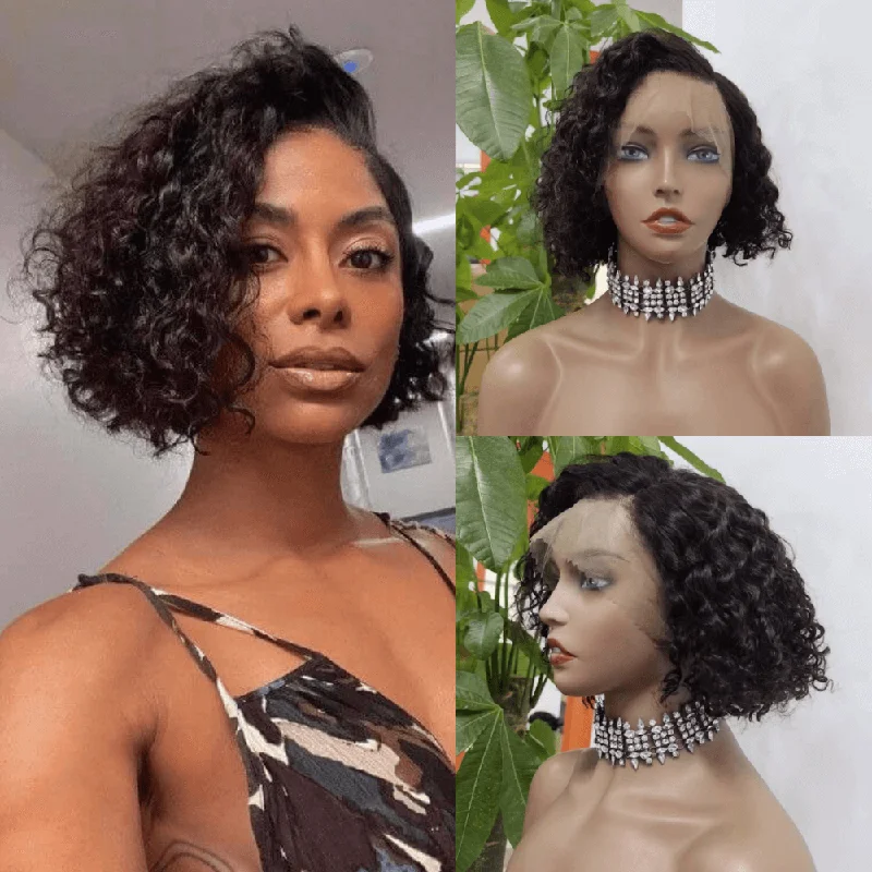 real person hair ring essential-Curly Bob 360 Lace Wig Human Hair Side Part Short Wig For Black Women