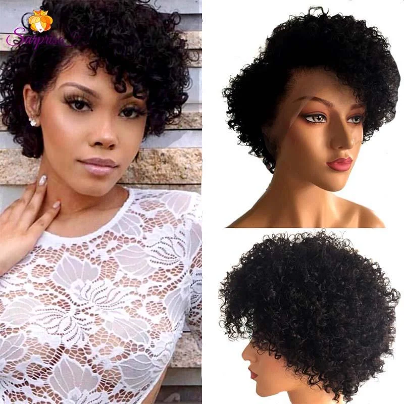 real person hair ring long-Curly Pixie Cut Wig Lace Frontal Human Hair Short Black Curly Wig