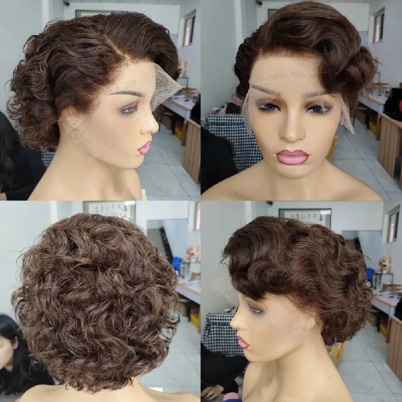 real person hair ring retailer-Dark Brown Pixie Cut Wig Human Hair Lace Frontal Wig for Black Women