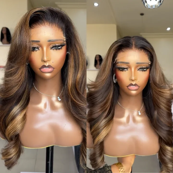 real person hair ring futuristic-Flash Sale Buy 2 Get 1 Free Highlight Blonde Mix Brown Glueless Body Wave Human Hair Lace Front Wig