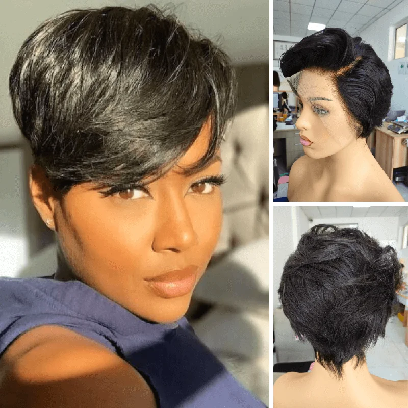 real person hair ring straight-Frontal Pixie Cut Wig 100% Human Hair Black Color for African American