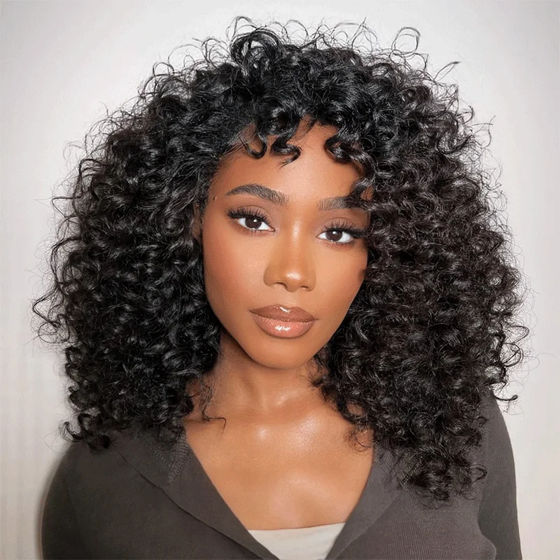 real person hair ring summer-Glueless Bob Wig With Bangs Water Curly Textured Human Hair