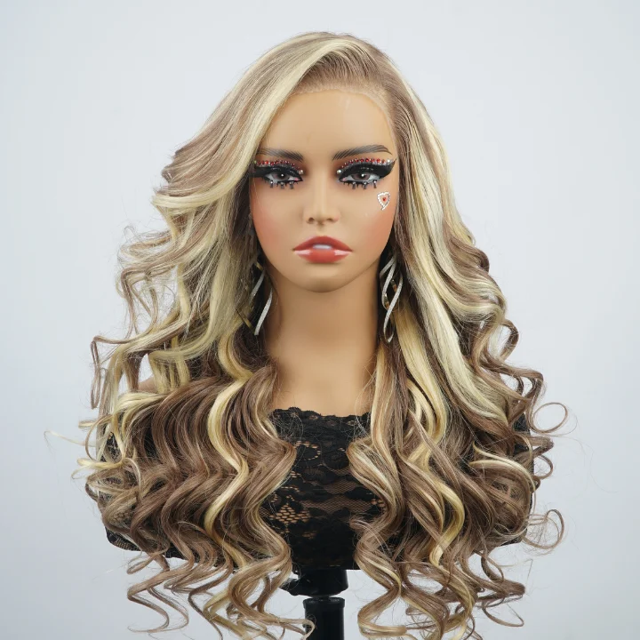 real person hair ring event-Glueless  Brown and Blonde Highlighted Loose Wave Lace Front Wig - Clear Transparent Lace Front/Closure Human Hair Wig- Amanda Hair