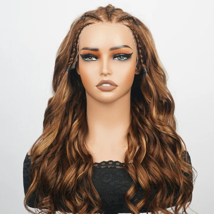 real person hair ring adult-Glueless Highlight Blonde Brown Braided Lace Front Loose Wave Colored Wig 100% Human Hair - Clear Transparent Lace Front/Closure Human Hair Wig- Amanda Hair