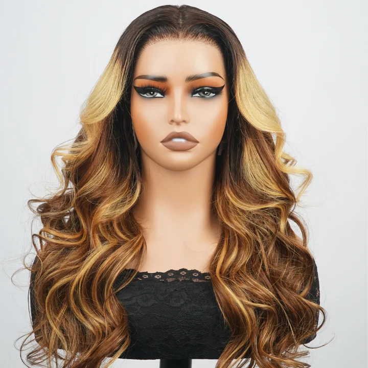 real person hair ring groom-Glueless Highlight Blonde Brown Dark Root  Lace Front Loose Wave Colored Wig 100% Human Hair - Clear Transparent Lace Front/Closure Human Hair Wig- Amanda Hair