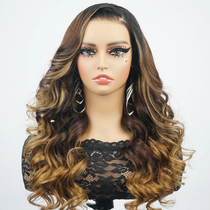 real person hair ring engagement-Glueless  Highlighted Brown and Black Loose Waves Lace Front Wig - Clear Transparent Lace Front/Closure Human Hair  Wig- Amanda Hair