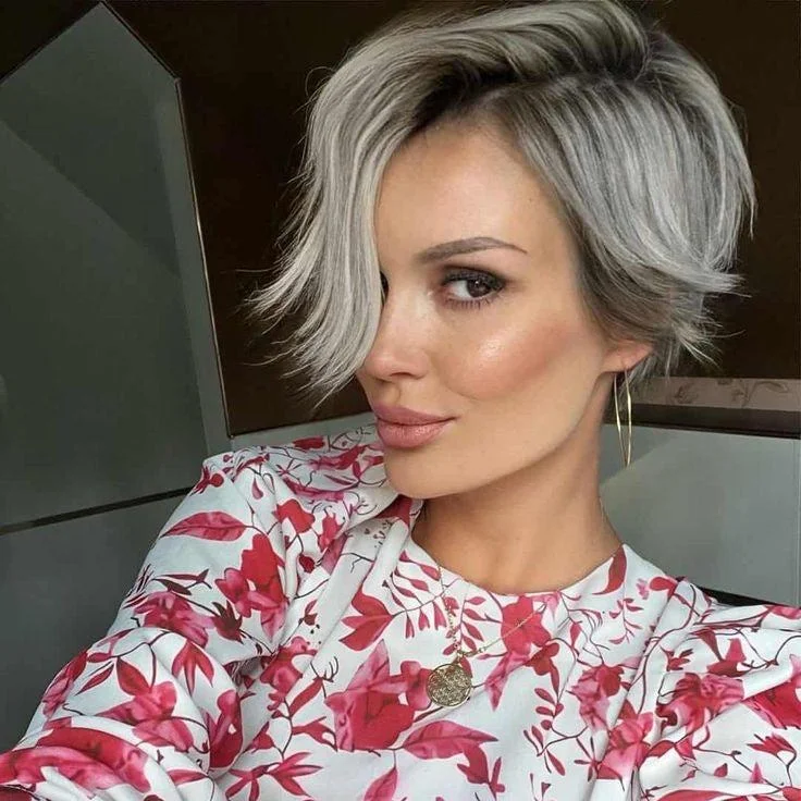 real person hair ring how-to-Gray Highlight Pixie Cut Lace Frontal Wig straight Human Hair Wig