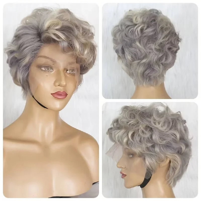 real person hair ring minimal packaging-Gray Color  Human Hair Curly Pixie Cut Lace Wig for Black Women