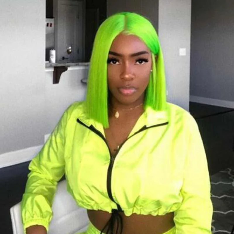 real person hair ring heavy-Middle Part Short Green Bob Human Hair Wig Lace Front Surprisehair