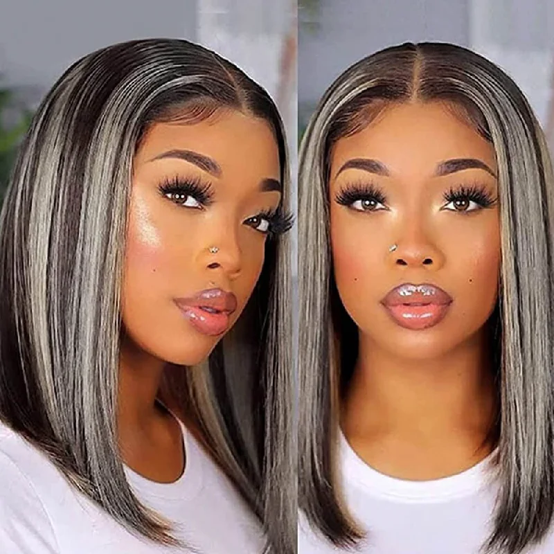 real person hair ring loyalty-Grey Bob Wig with Blonde Highlight Brazilian Human Hair for African American