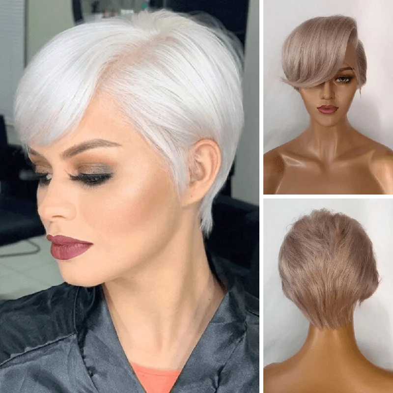 real person hair ring delivery-Grey  Human Hair Pixie Cut Lace Frontal Wig with Bangs for African American