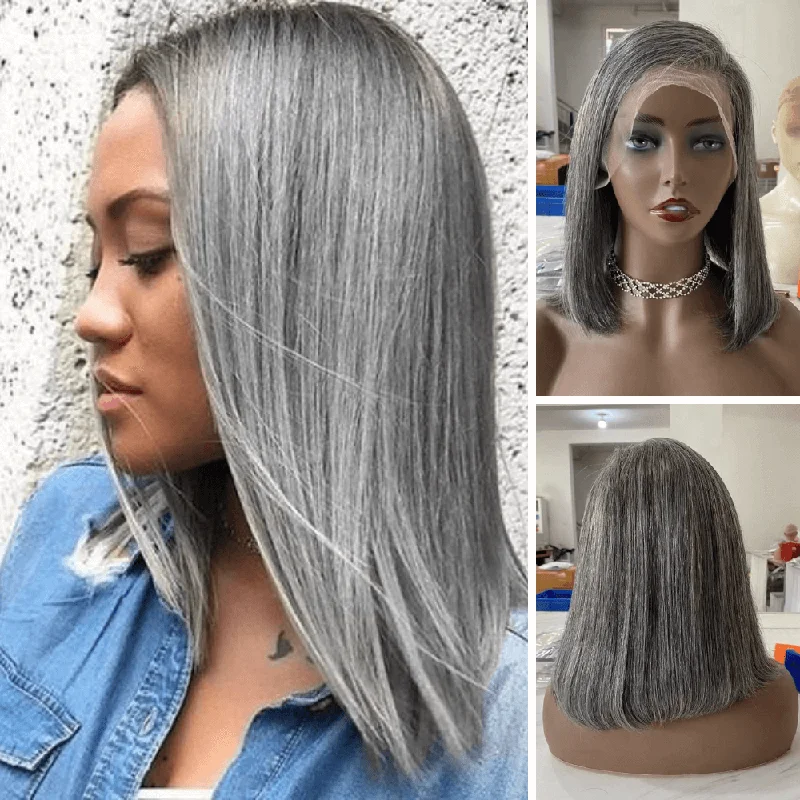 real person hair ring wrap-Grey Mix Color Human Hair Bob Wig Lace Frontal for African American