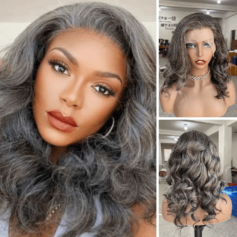 real person hair ring box-Grey Mix Color Human Hair Loose Wave Wig Lace Frontal for African American