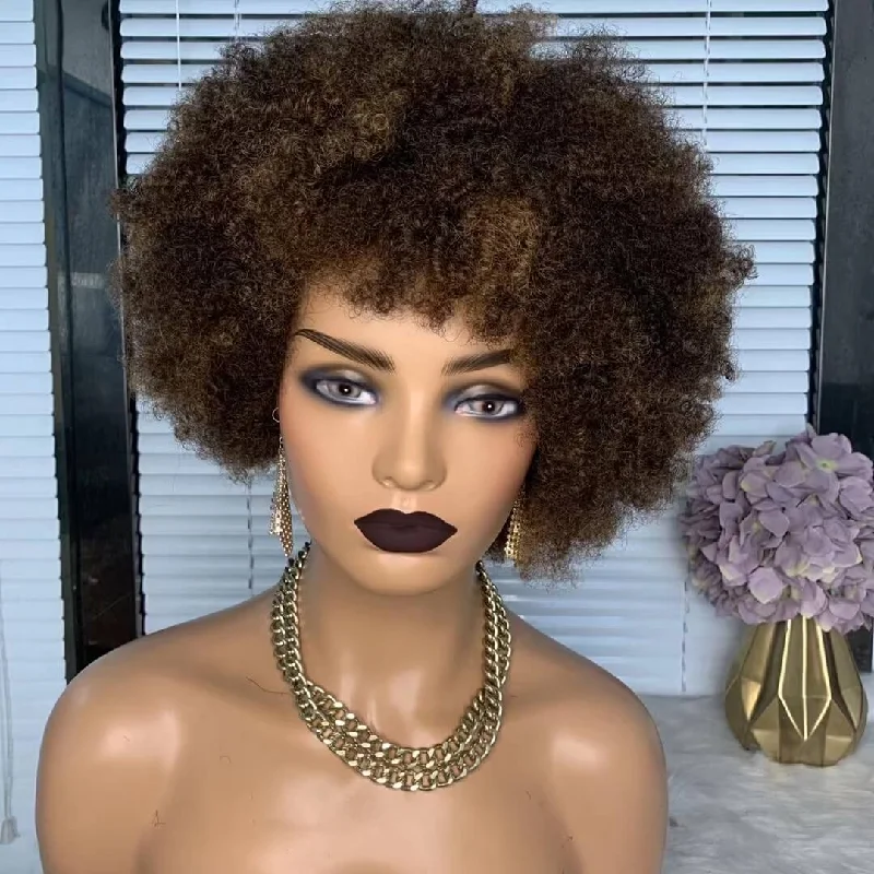 real person hair ring eye-catching-Highlight Afro Human Hair Wig Short Kinky Curly Wig For African American