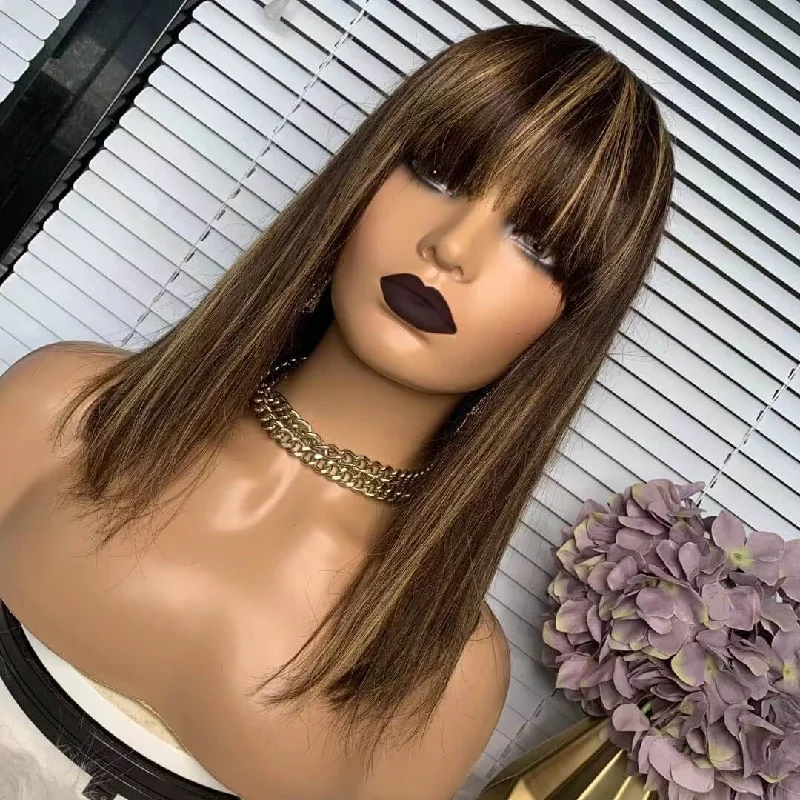 real person hair ring tracked-Highlight Human Hair Wig With Bangs Straight For African American