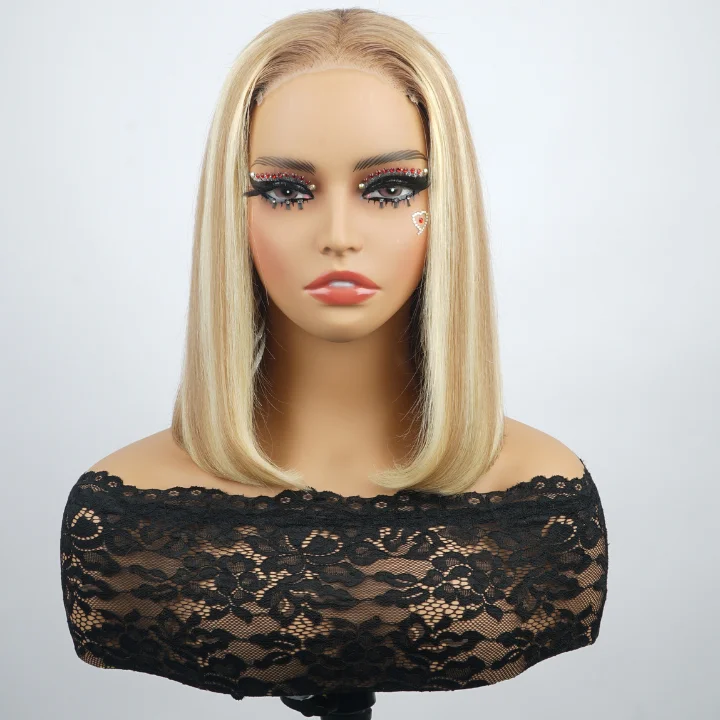 real person hair ring rewards-Highlight Light Golden and #613 Straight  Lace Frontal Colored Short Bob Wigs Human Hair  - Amanda Hair