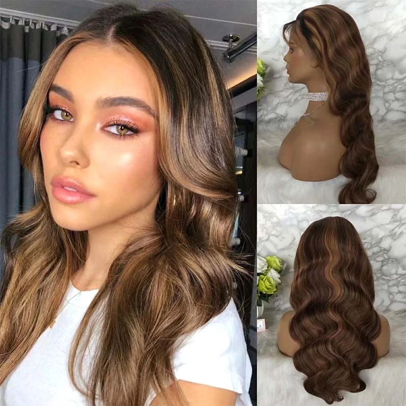 real person hair ring voucher-Highlight Mix Color Body Wave Human Hair Wig Lace Front Surprisehair