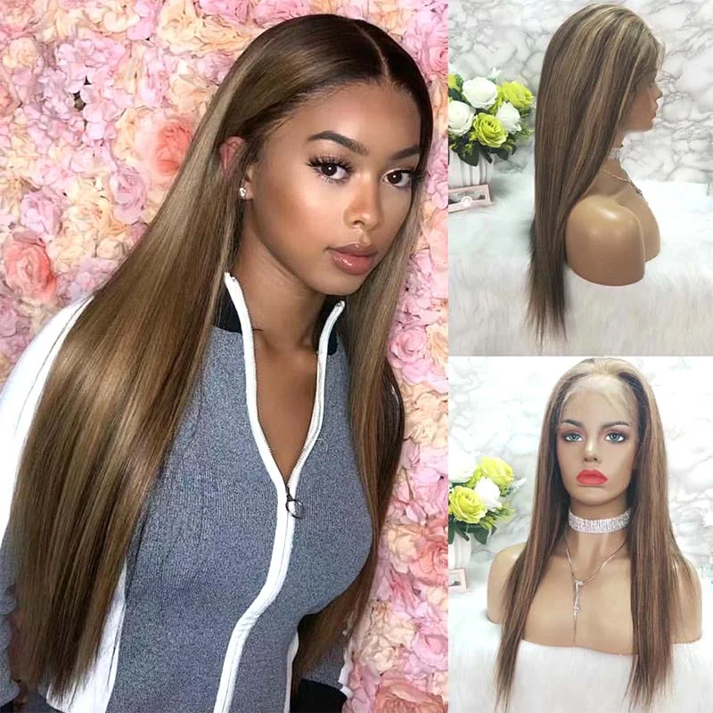 real person hair ring pouch-Quality Highlight Mix Color Human Hair Straight Lace Frontal Wig Surprisehair