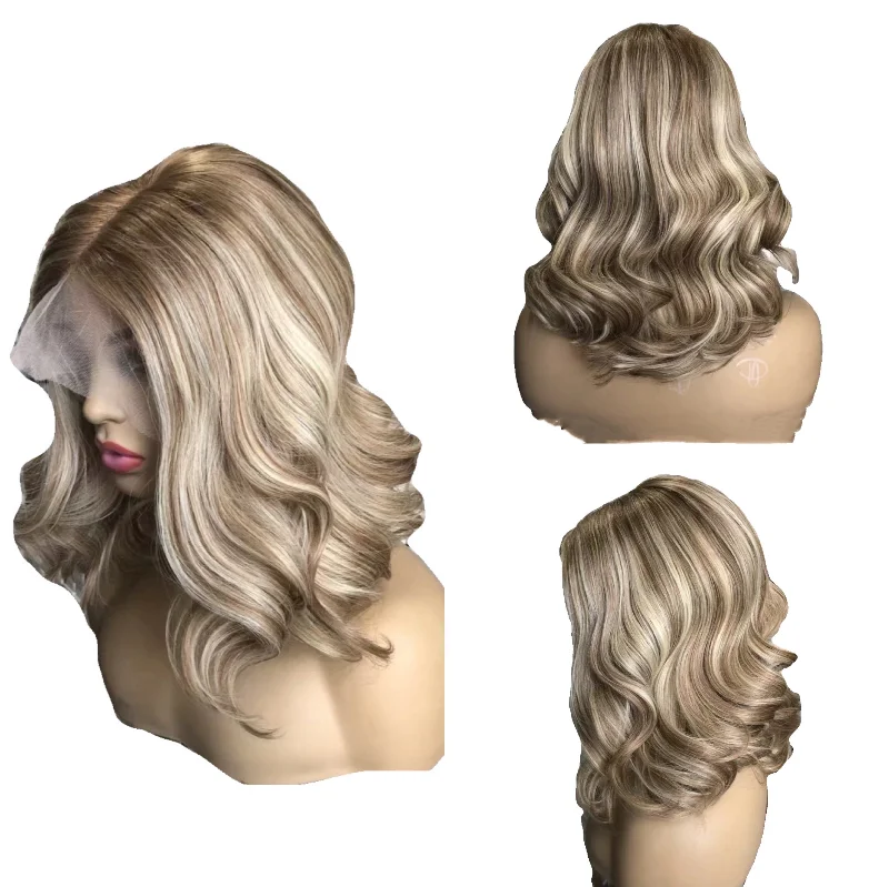 real person hair ring expensive-Highlight Wavy Bob Wig Human Hair Body Wave 13x6 Lace Wig Surprisehair