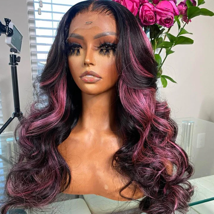 real person hair ring high-end-Highlights Transparent Lace Front Straight Wig Human Hair Wig Black Hair Mix Purple Color Lace Wigs