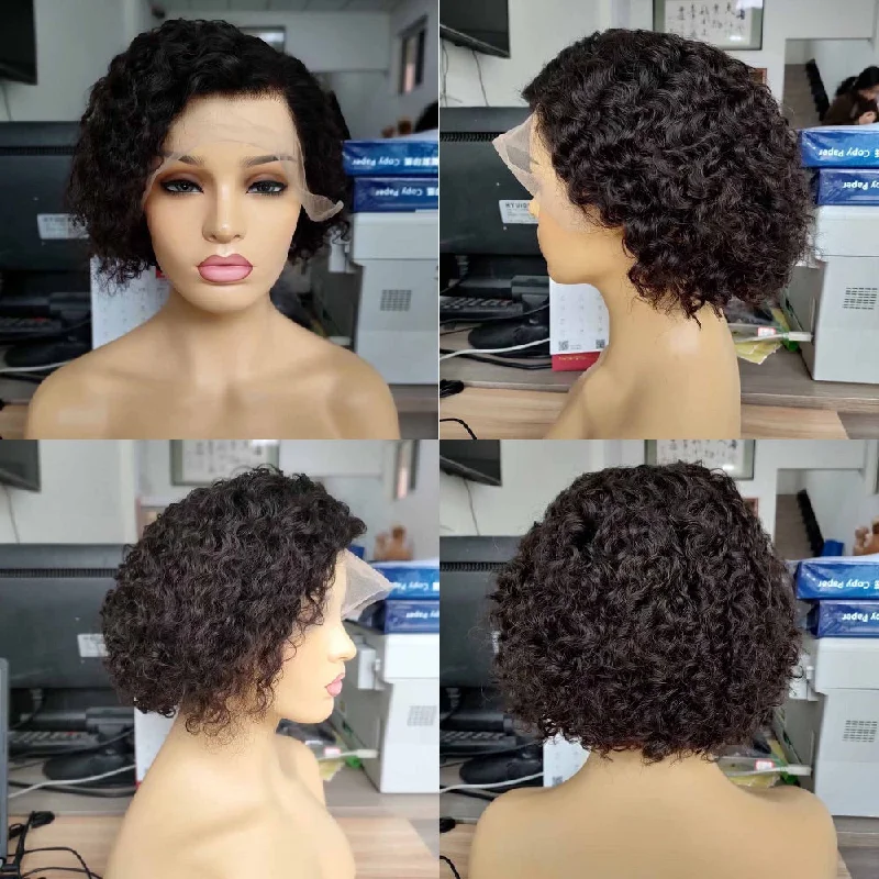 real person hair ring lightweight-Human Hair Pixie Cut Curly Bob Wig for Black Women Lace Frontal Wig